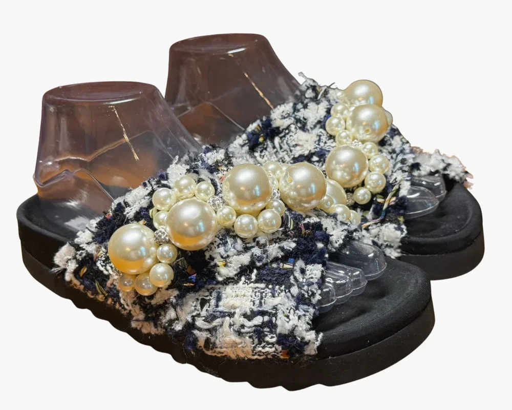 Steve Madden Sz 7 Amie Platform Sandals Blue Tweed Fringe + Large Pearls Glam